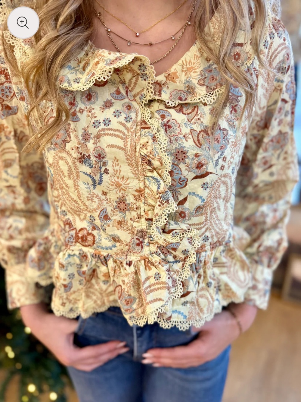 Altar'd State Cream Paisley Ruffle Lace Trim Blouse